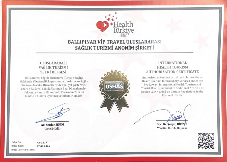 Vergunning voor internationaal gezondheidstoerisme, nummer AK-1677, op naam van Ballıpınar VİP Travel Uluslararası Sağlık Turizmi A.Ş.