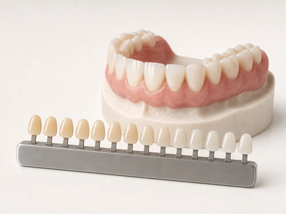 Een kleurstaal van keramische monsters, naast het model van de tandboog gehouden
